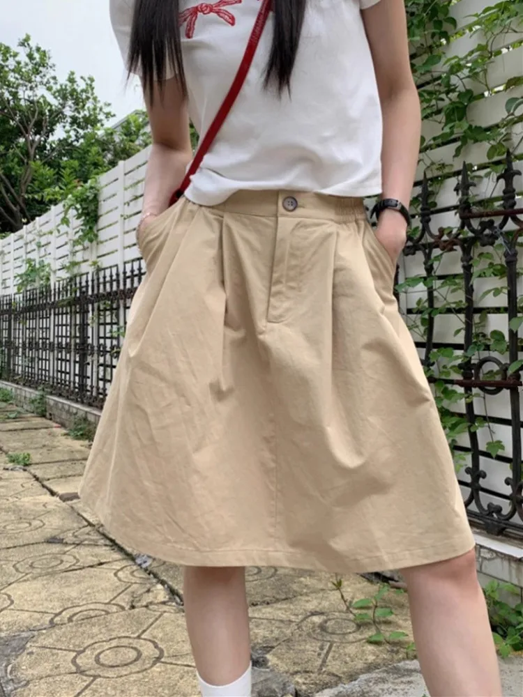 

GUUZYUVIZ Women’s Retro Khaki A-line Fold Skirt Y2K Summer Janpese Style Casual High Waist Umbrella Skirts