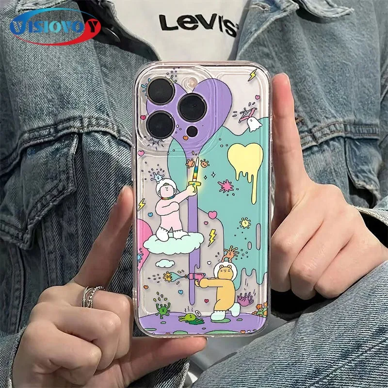 Creative Graffiti To Eliminate Viruses Phone Case for Iphone 15 14 13 Pro Max Cartoon Transparent Phone Covers Back Cases Fundas