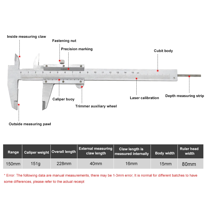 QSTEXPRESS Vernier Caliper 6" 0-150mm 0.02mm Metal Calipers Gauge Micrometer Measuring Tools