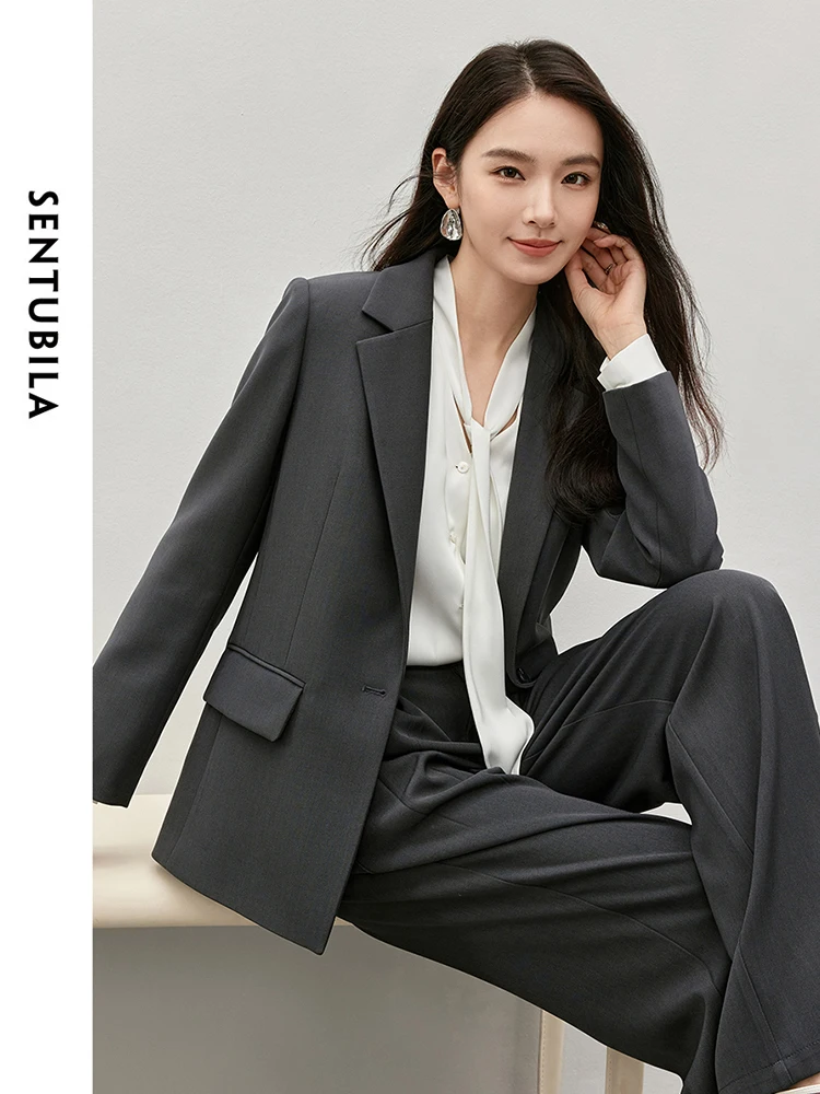SENTUBILA 여성 느슨한 짙은 회색 블레이저 2025 가을 한국 노치 칼라 싱글 버튼 Office 레이디 비즈니스 코트 143X57277