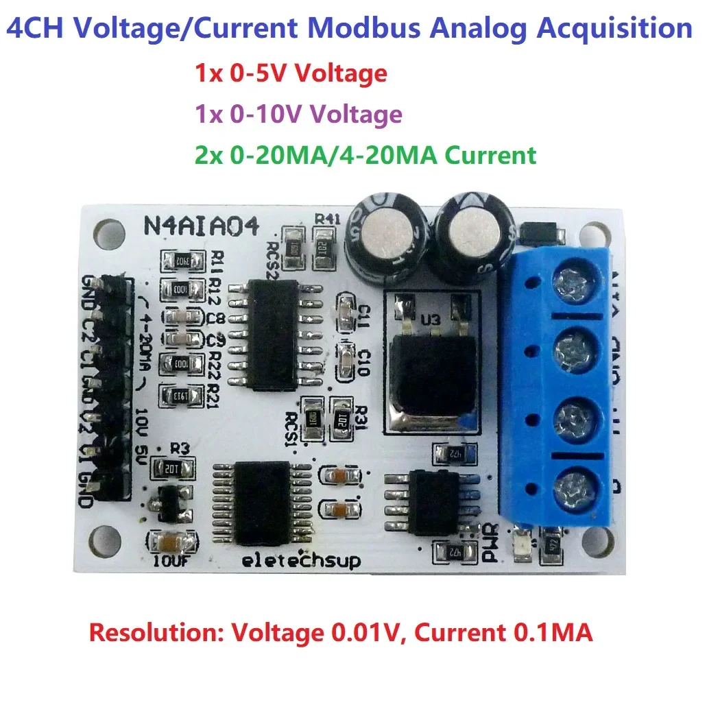 4 CH 4-20MA/0-20MA/0-5V/0-10V Voltage Analog Acquisition RS485 Modbus RTU ADC Module For PLC Measuring Instruments