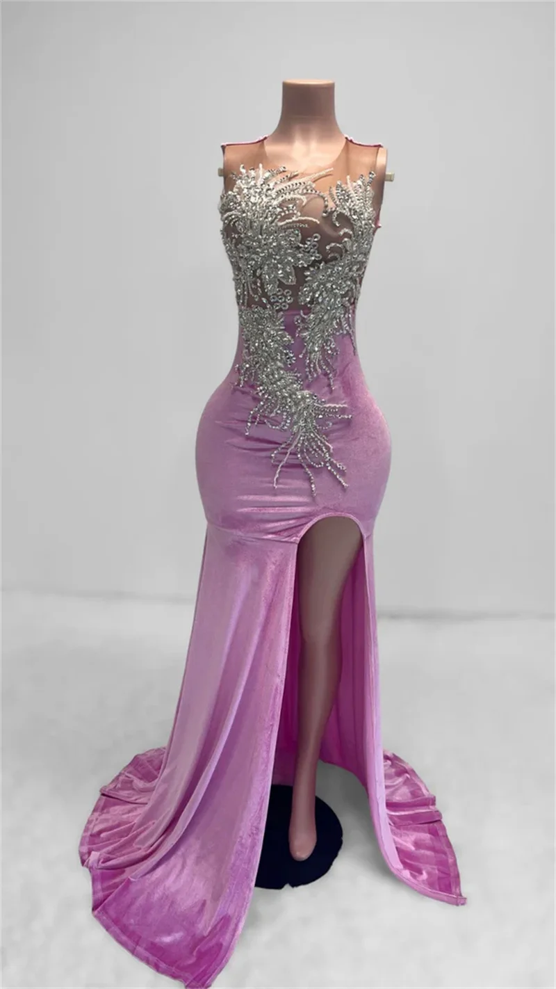

Custom Made Velvet Open Back Beaded Diamond Prom Party Dress High Split Mermaid Sexy Evening Crystal Rhinestone Prom Gown