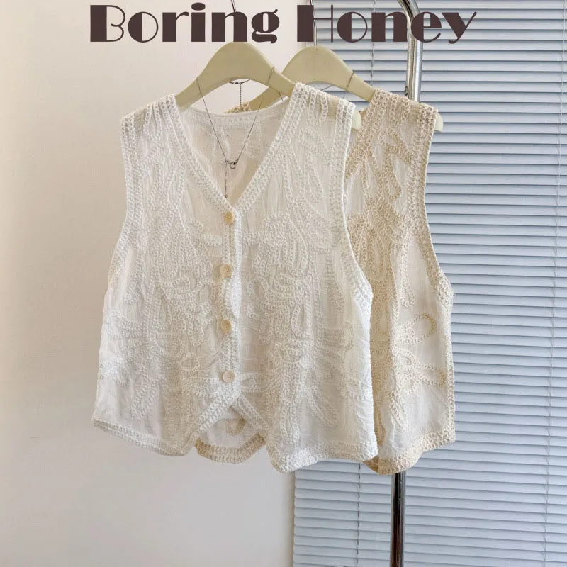

Boring Honey Fashion Solid Color Design Sleeveless Cardigan Vest Summer New French Hollow Top Female V-Neck Joker Slim Top Women