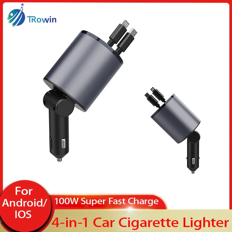 4 In 1 Fast Charging Car Phone Android Apple Charger With Retractable Cable 100W Fast Charging Cigarette Lighter