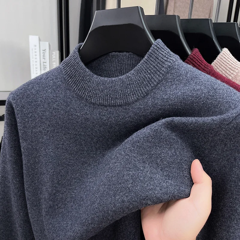 

Утепленный теплый шерстяной вязаный свитер для мужчин, 100% чистая шерсть, осень-зима, новинка, повседневный, с круглым вырезом, с длинным рукавом