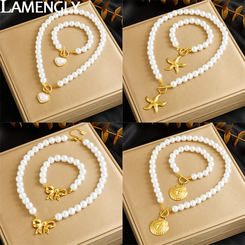 LAMENGLY316L Stainless Steel Pearl Heart Bowknot Shell Pendant Necklace Bracelet For Women Trendy Girls Elegant Jewelry Set Gift