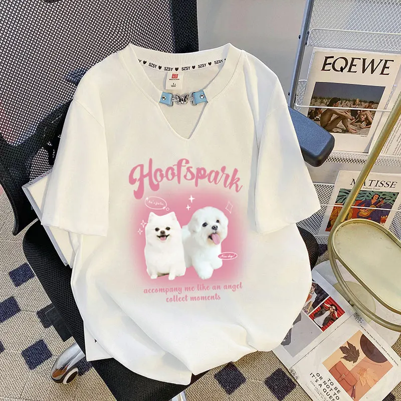 2024 Summer Pure Cotton V-neck Leather Buckle Short-sleeved T-shirt Women's Korean Version Loose Cute Puppy Print Tee