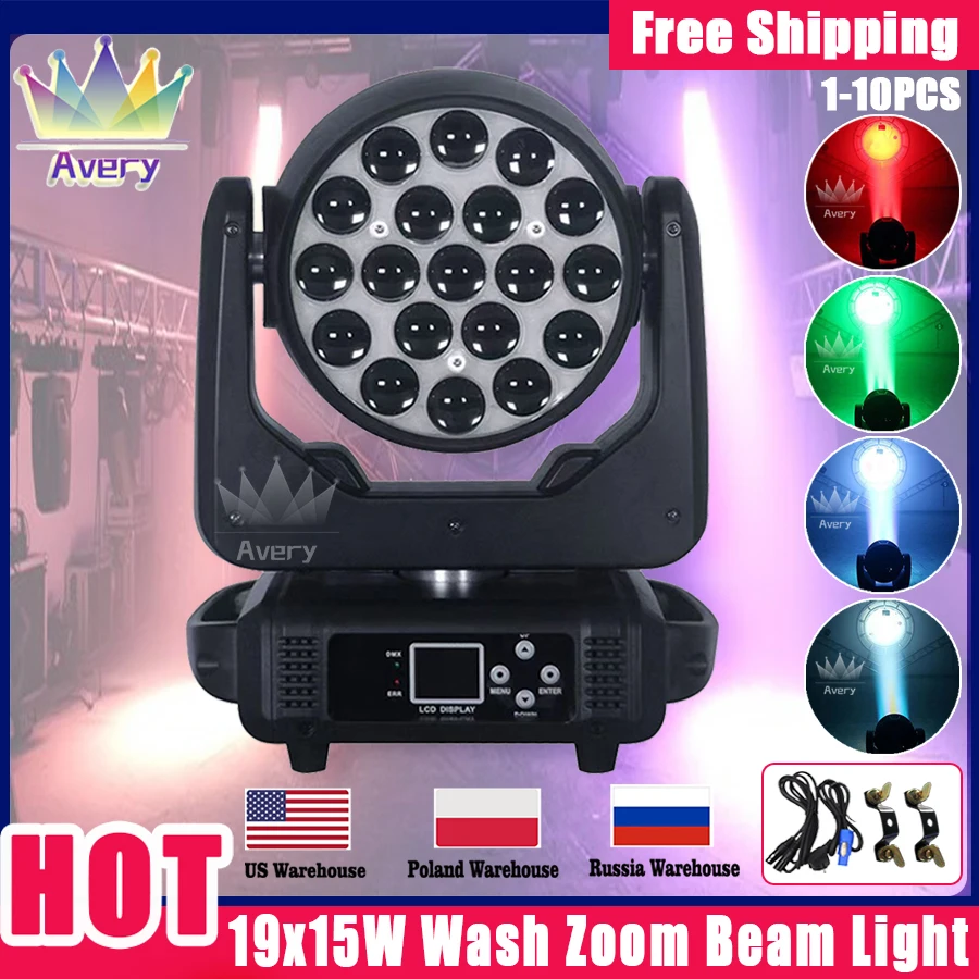 LED Moving Head Zoom Lyre Wash Light, RGBW Efeito de Feixe, Perfeito para Palco, TV, Teatro, TV, Estúdio, 1-10Pcs, 19x15W