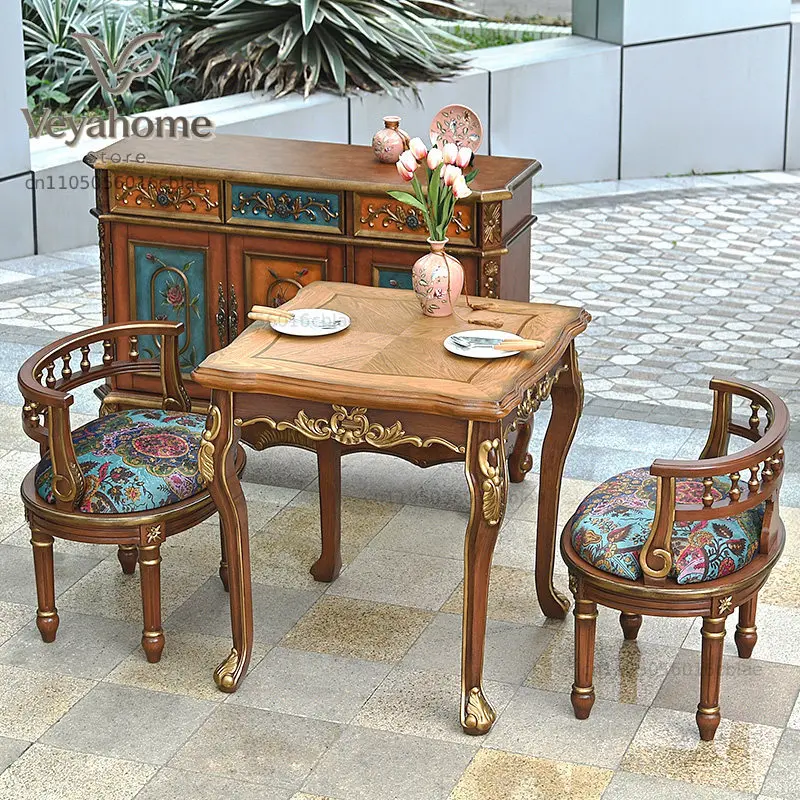 American retro solid wood dining table and chair combination household quality small apartment water-based paint log color