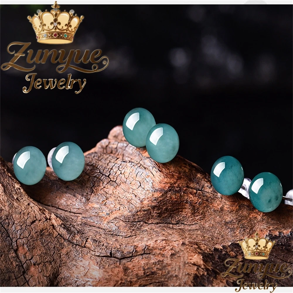 Authentic Natural A-Grade Ice-Grade Jadeite Blue Water Round Stud Earrings Set With S925 Silver High-End Simple Fashion Jewelry