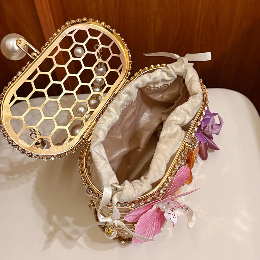 Beaded Handle Evening Bag Metal Birdcage Hollow Out Vegetable Basket Bag Shiny Rhinestone Flowers Party Dinner Bag Clutch Purse