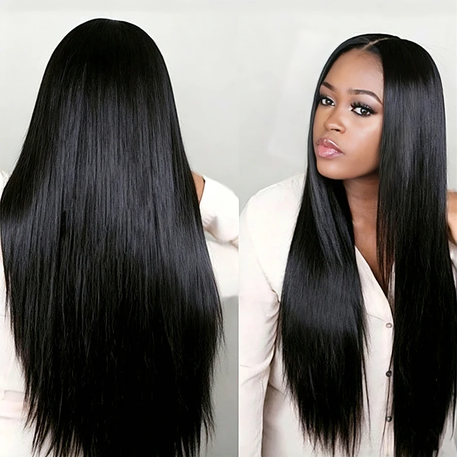 13x4 HD Lace Front Wig 32 Inch Long Straight Black Synthetic Hair Heat Resistant Fiber Wigs for Women Natural Look Daily Wear