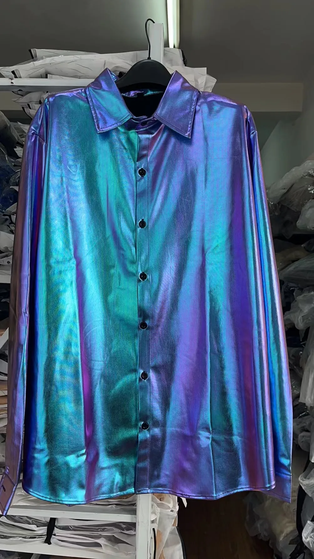 Mens Shiny Metallic Dress Shirts Long Sleeve Button Up Shirt Men 70s Disco Party  Costume Nightclub Stage Prom Chemise Homme 3XL