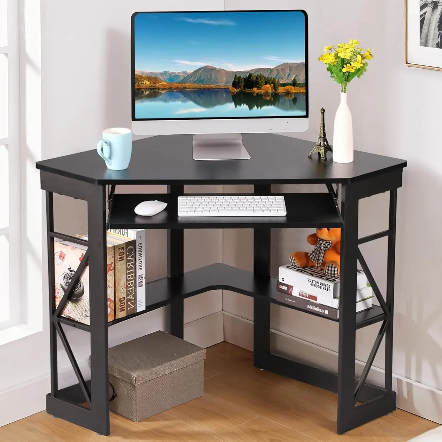 

Corner Desk Computer Desk Writing Table with Smooth Keyboard Tray & Storage Shelves,Compact Home Office Triangle Table,Black
