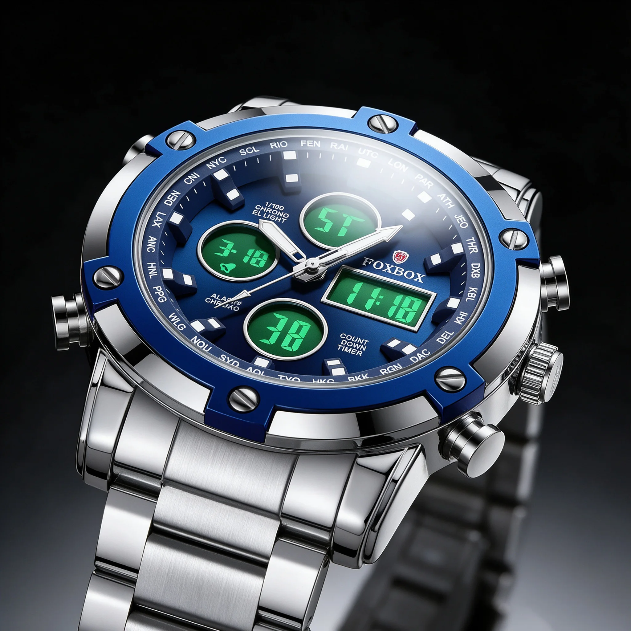 FOXBOX Digital Mens Watches Full Steel Strap Quartz Wristwatch 3 Time Back Light Display Countdown Clock Relogio Masculino
