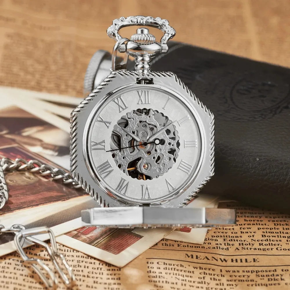 Ramadan Classic Hexagonal Mechanical Pocket Watch FOB Chain Steampunk Roman Dial Skeleton Gold Hollow Steel Men's Pocket Watch