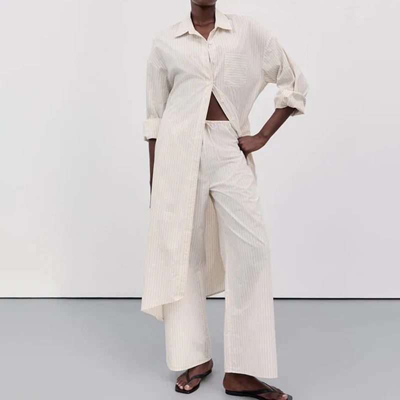 Simple Fashion Striped Print Long Top Outfit Women Sexy Single Breasted Lapel Shirt & Tie-up Pants Sets Autumn Long Sleeve Suits