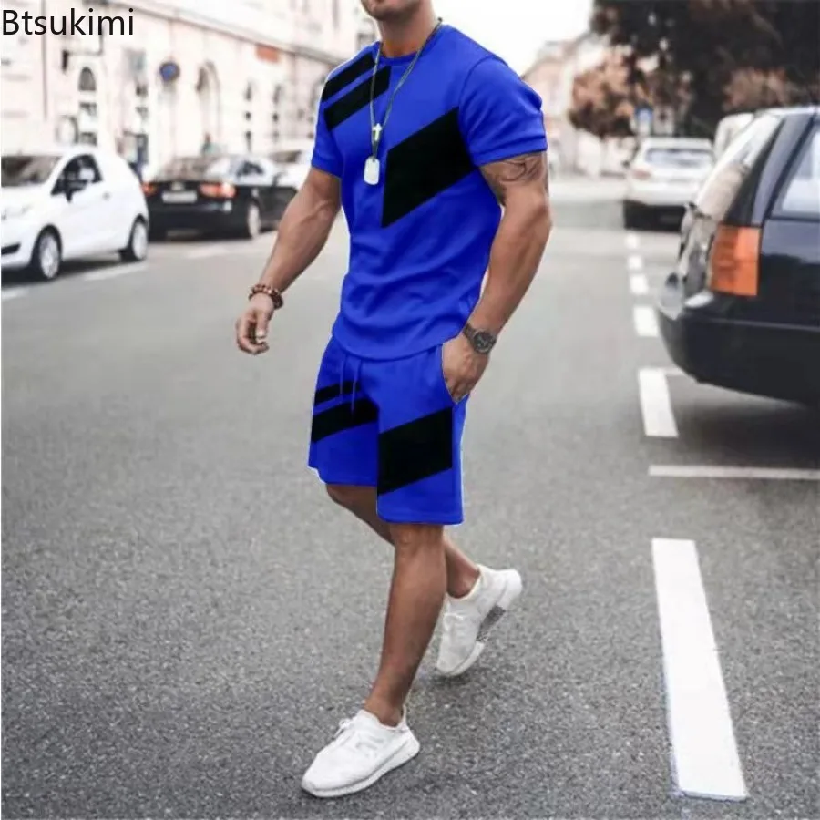 Summer Fashion Men's Loose Casual Two Piece Sets Contrast Color Design O-neck T-shirt and Shorts Sport Suit Men Fitness Clothes