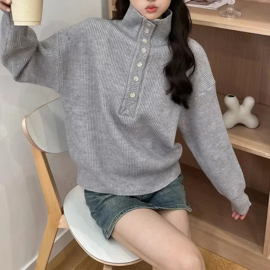 Seven Button Knitted Sweater for Women's Clothing Autumn and Winter Fashion Top Casual Lapel Long Sleeve Outer Wear POLO Collar