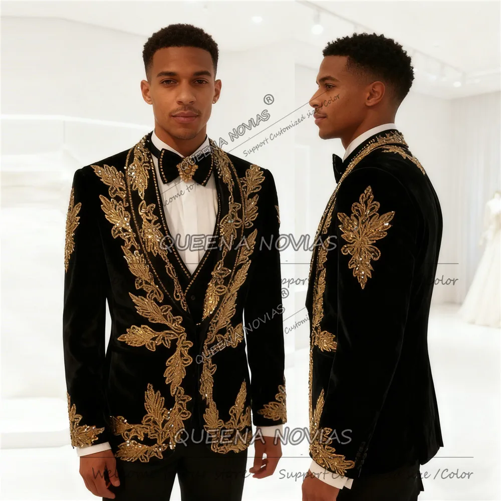 

Exquisite Beads Crystals Suit Men Single Breasted Prom Blazer Customized Groom Wedding Tuxedo Outfit 2 Pieces trajes para hombre