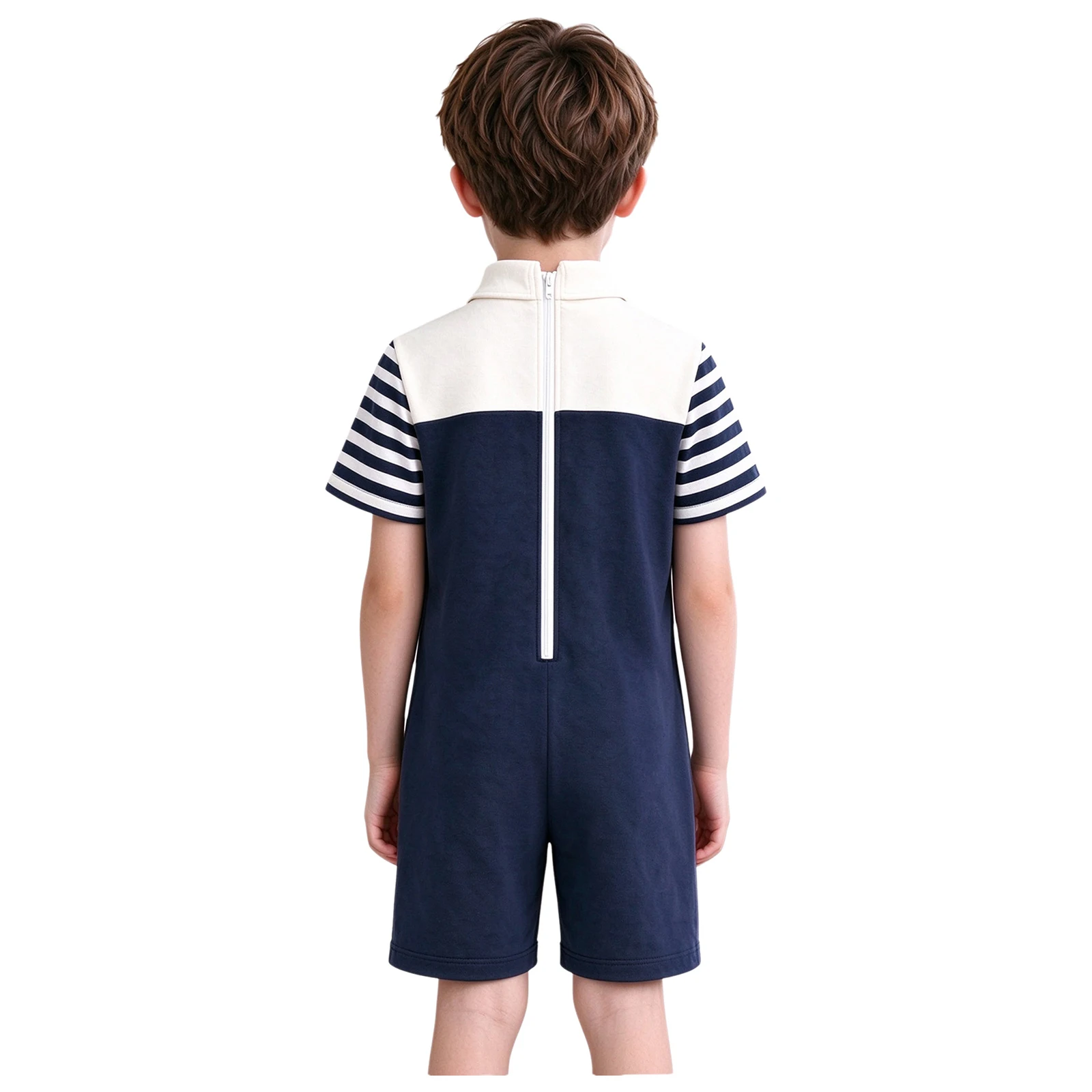 Kids Boys Special Needs Adaptive Shirt Jumpsuit Striped Short Sleeves Button Back Zipper Anti-strip Rompers Homewear Playwear