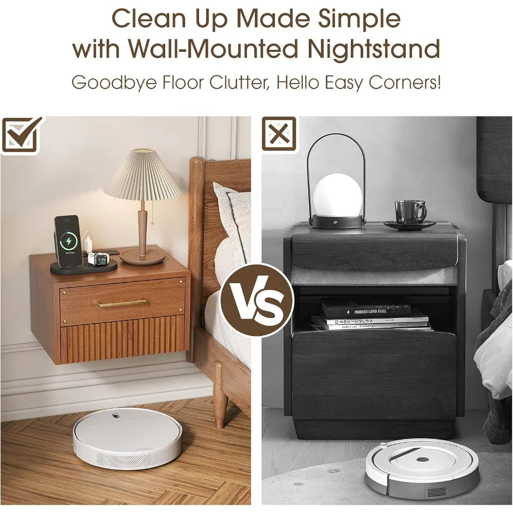 Mid Century Modern Floating Nightstand Set of 2, Wood Wall Mounted Bedside Table with 2 Storage Drawers & Fluted Decor