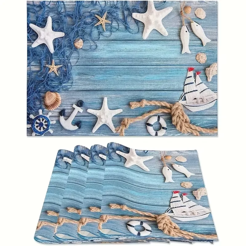 

VIKAMA 4/6/8/10PC Ocean Breeze Placemats: Waterproof Blue & Green Wood Grain Mats with Shell & Starfish for Restaurant & Party
