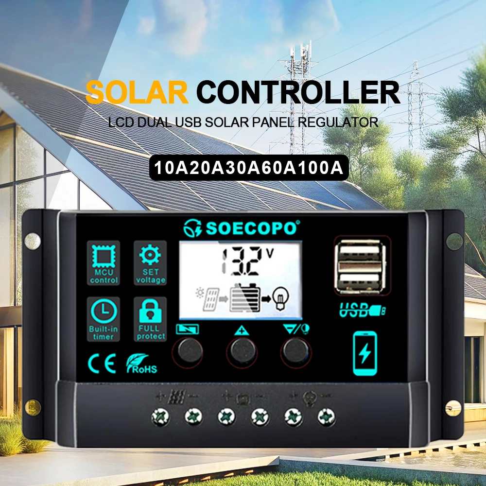 12V/24V 100A Solarladeregler AutoSwitch LCD-Display mit Überladungs-/Kurzschlussschutz für RV-Boots-Off-Grid-System – Detail 1