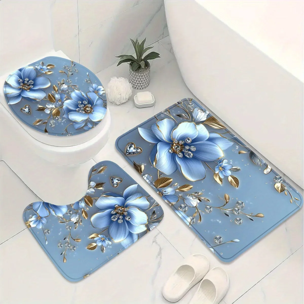 3D Blue Flower Gold Leaf Diamond Bathroom Rugs 3 Pieces Set, Luxury Embossed Blue Floral Golden Leaves Crystal Gem Pattern Non‑Slip Bath Mat U‑Shaped Rug Toilet Cover, Home Elegant Glam Decor Gift