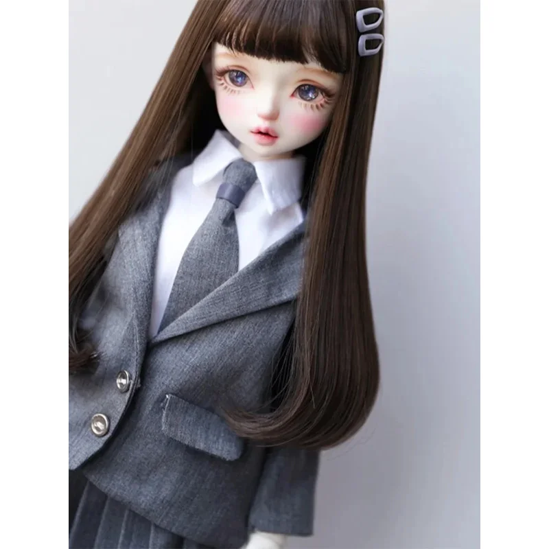 BJD Puppenkleidung für 1/4 1/5 1/6 Größe grauer Anzug Langarm weißes Hemd Faltenrock Krawatte Set Puppenzubehör