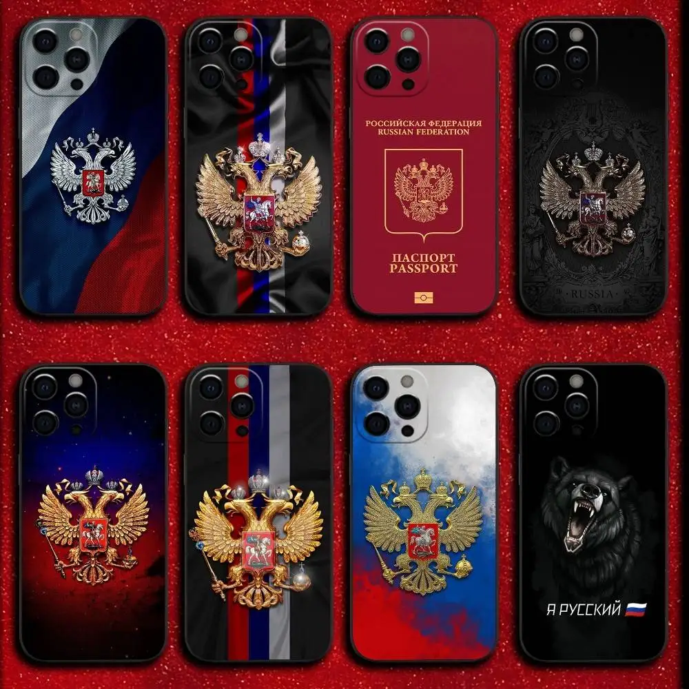 

Phone Case For iPhone 16,15,14,13,12,11,Pro,XS,Max,XR,Plus,E,Mini Shockproof Black Russian Flag Passport Emblem Cover