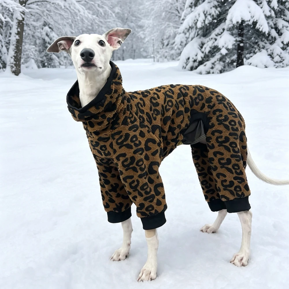 Brauner Fleece-Leopardenmantel für kleine, mittelgroße und große Whippets, 4-beiniger warmer Pullover für Windhunde, dicker Winter-Schlafanzug für Salukis