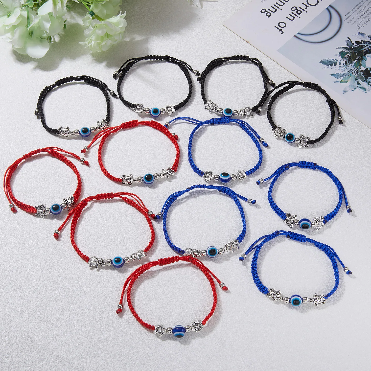 Zinc ALloy Elephant Nazar Round Evil Eye Beads Macrame Bracelet Women Sea Turtle Butterfly Flower Red String Handmade Jewelry