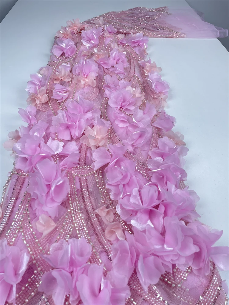 

2025 3D Flower Sequin Lace Fabric Luxury French African Embroidery Beaded Tulle Lace Fabric for Dinner Wedding Clothing Material