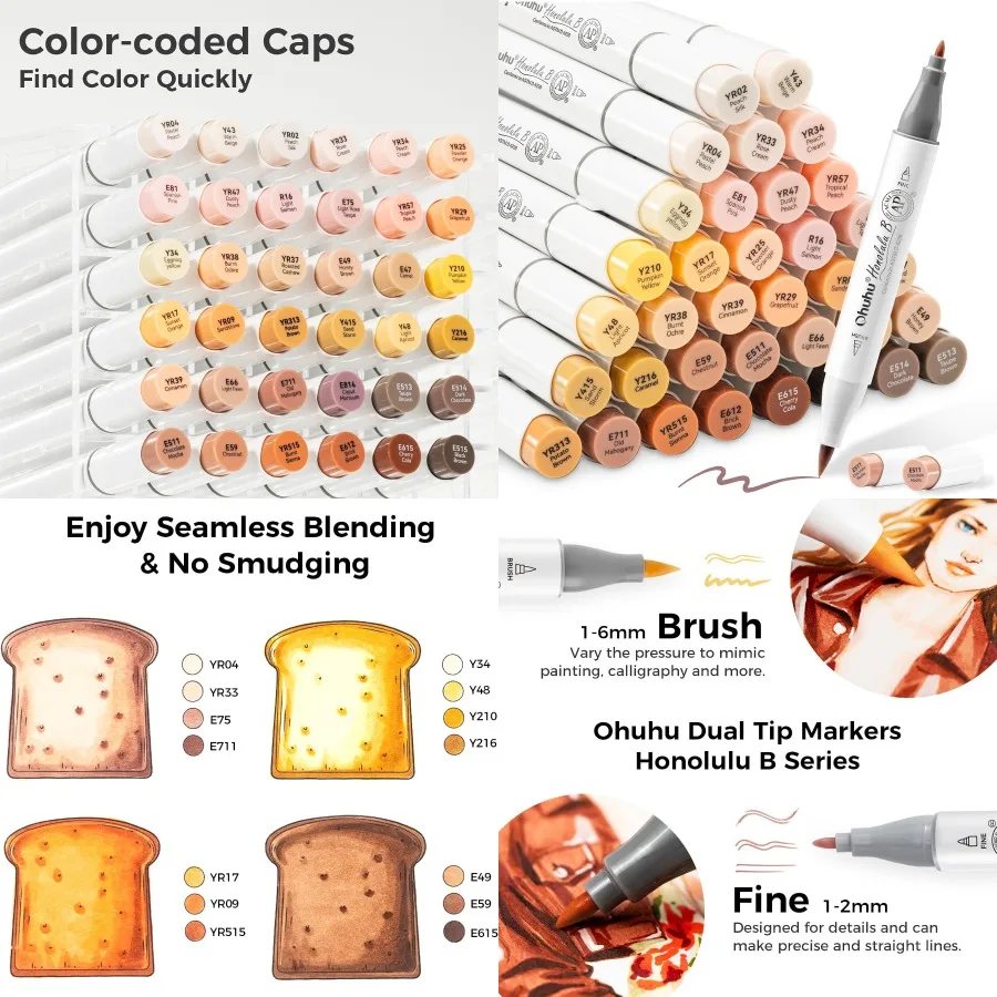 

Ohuhu Brush Markers Skin Tone - 36 Portrait Skin Colors Double Tipped Art Marker Set for Artist Adults Coloring Illustration -