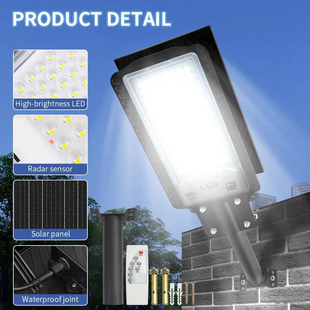 Outdoor Solar Street Lights LED IP65 Waterproof 100W Adjustable With Remote Control 1500LM For Driveway Garden Wall Fence