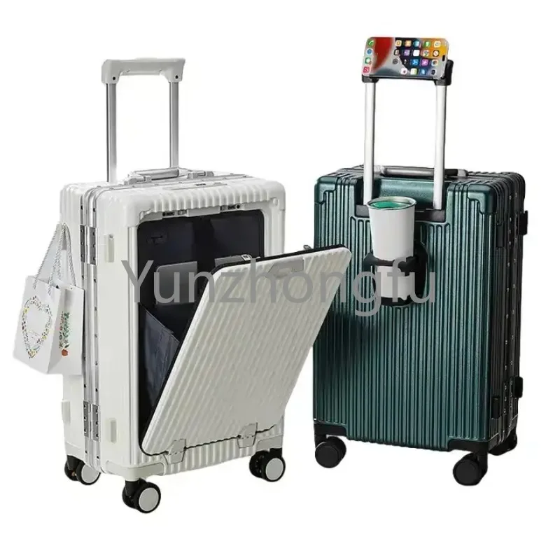 2023 New Design Multifunctional Front Open Luggage Lightweight Hard side Suitcase Travel  With USB Charger And Cup Holder