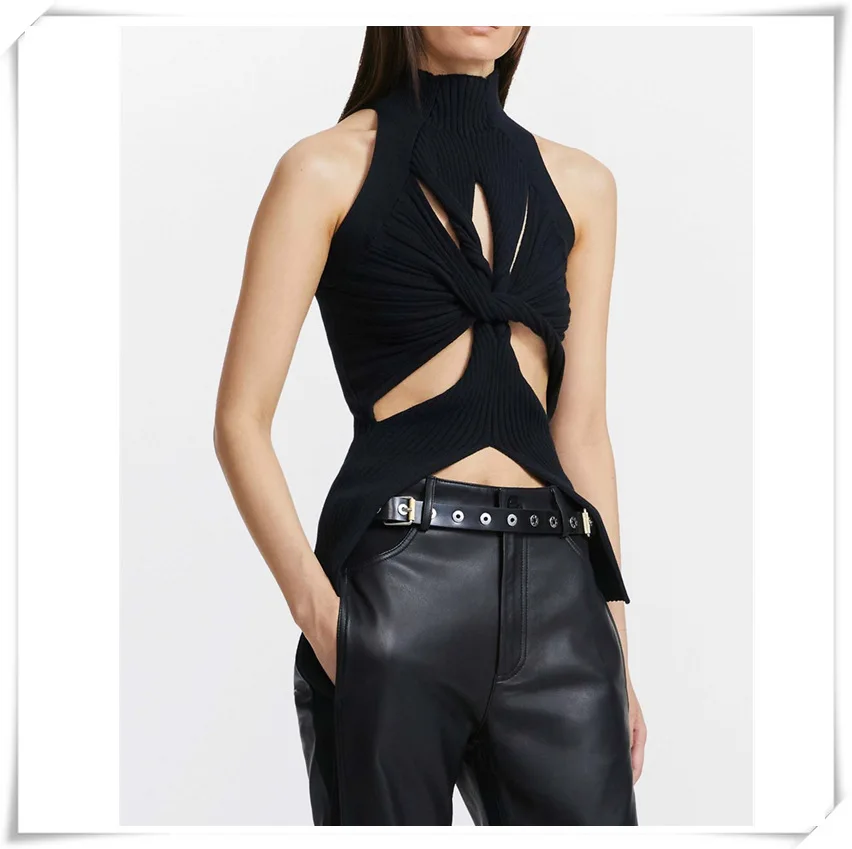 Nicheแฟชั่นหน้าอกHollow Out Twisted Design 2023 ใหม่ไม่สม่ําเสมอHemแขนกุดคอสูงถักเสื้อกั๊ก