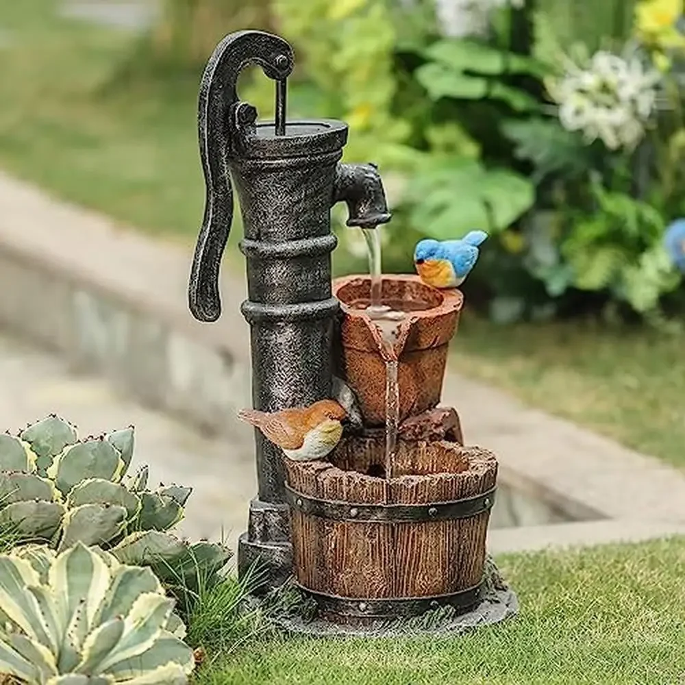 

Outdoor Garden Barrel Birds Water Fountain Pump Resin Waterfall Features 25" Farmhouse Style Garden Fountain Resin Barrel Birds