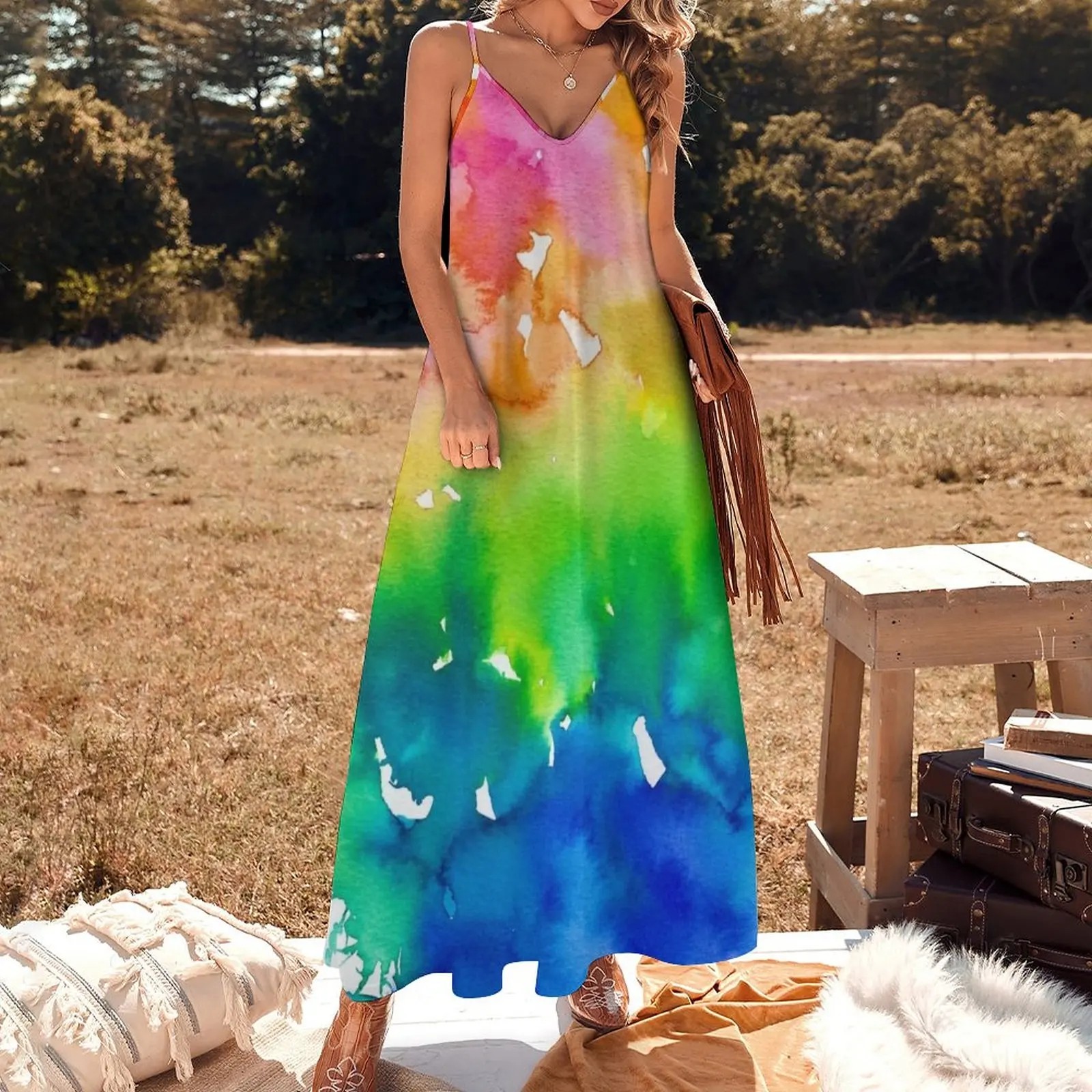 Rainbow Watercolor Paint Splash Art Sleeveless Dress Women dresses summer evening dresses luxury 2023