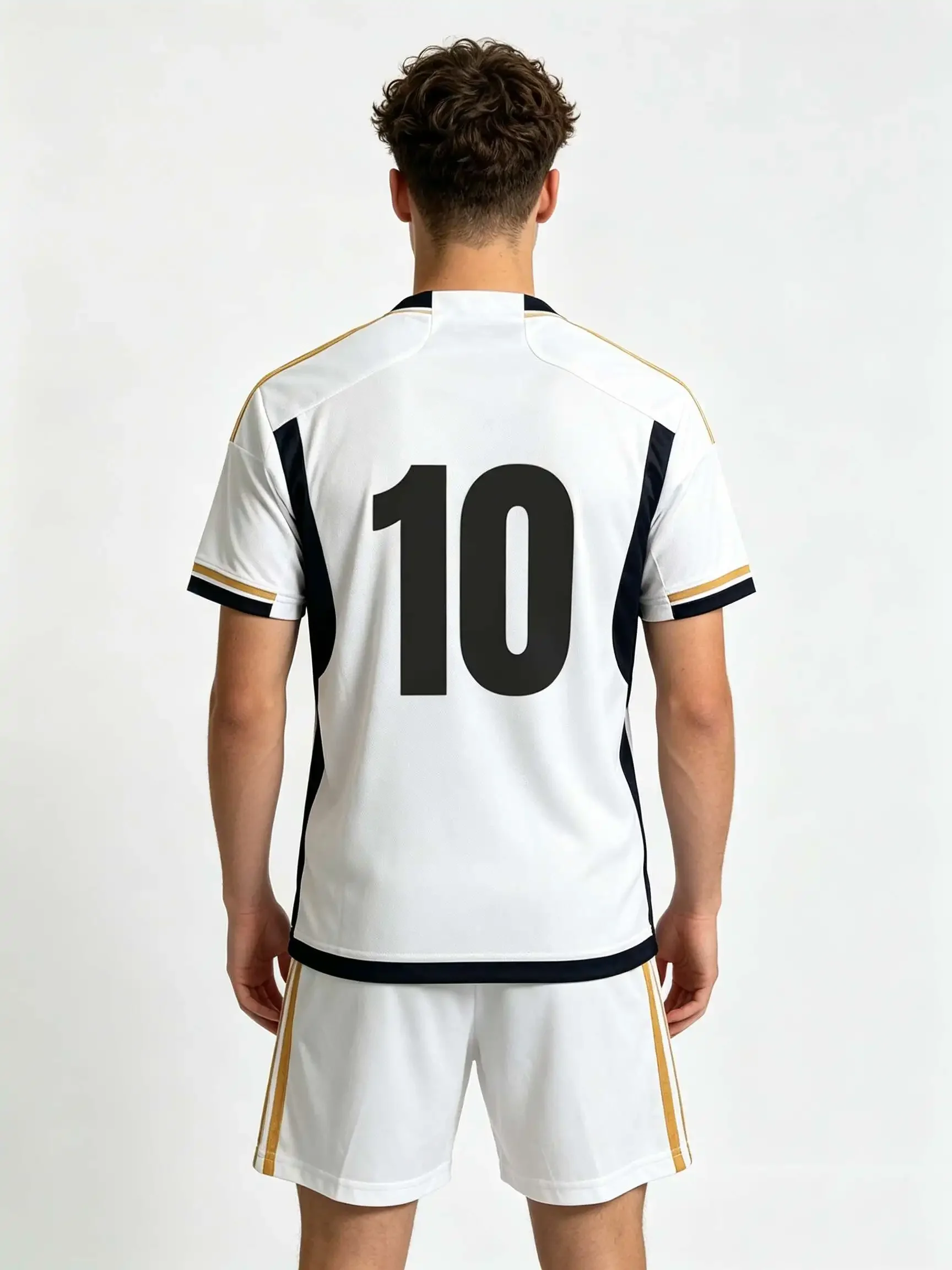 26/27 Unisex Blank Soccer 2‑Piece Set, Kids Adults Parent‑Child Kit, Custom No.1 7 8 9 10 White jersey and shorts with gold trim