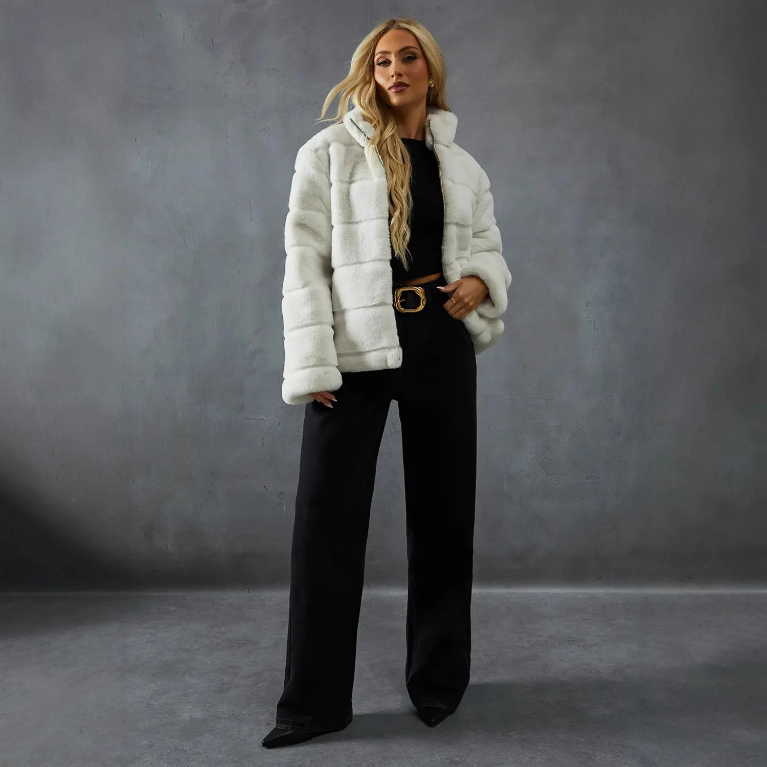 Geometric Print Women's Eco Fur Coat Stand Collar Zipper Lady Artificial Fur Jacket Coat Instagram-Style Winter Faux Fur Coat