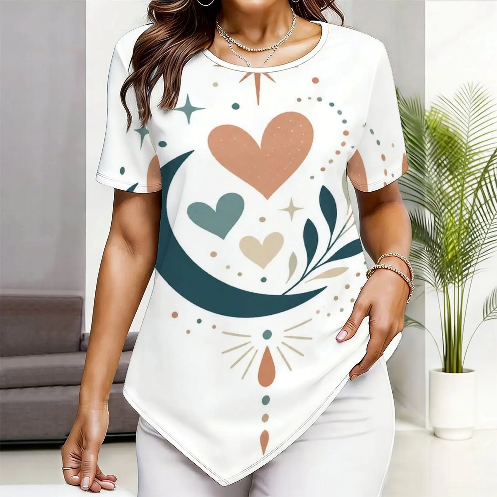 Women Top with Print Round Neck Short Sleeve Pointed Hem