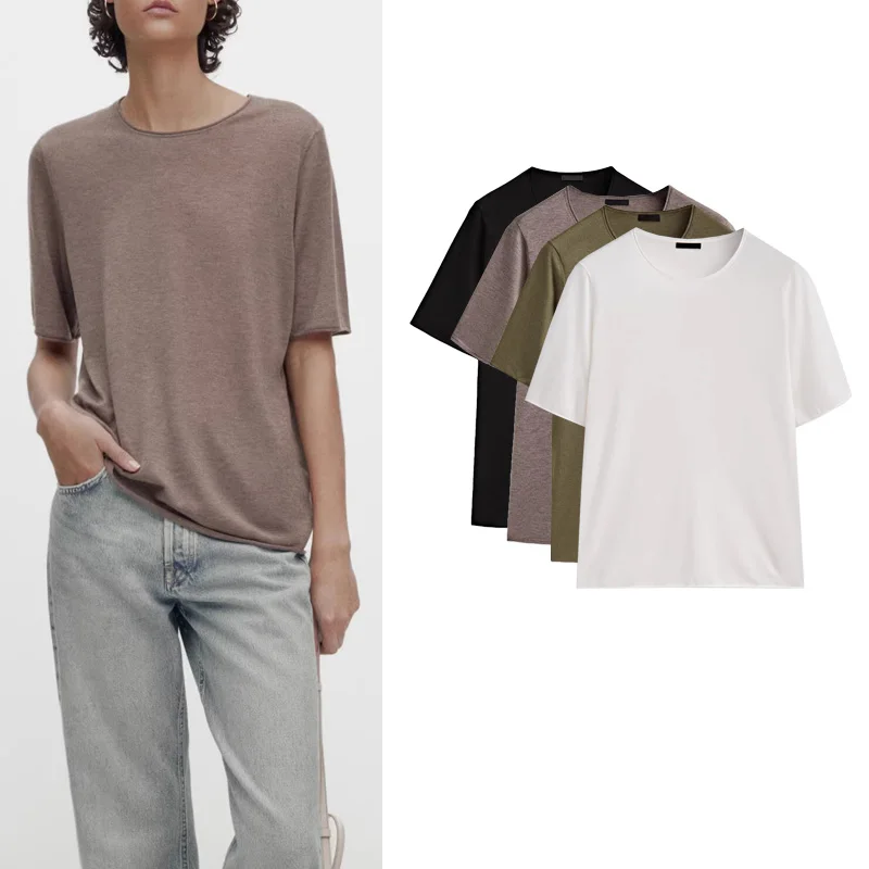 

Bla Knitted ort Sve T-irt Women's Summer Faion Slim Fit Versatile mat round Ne Polyester Fiber Top