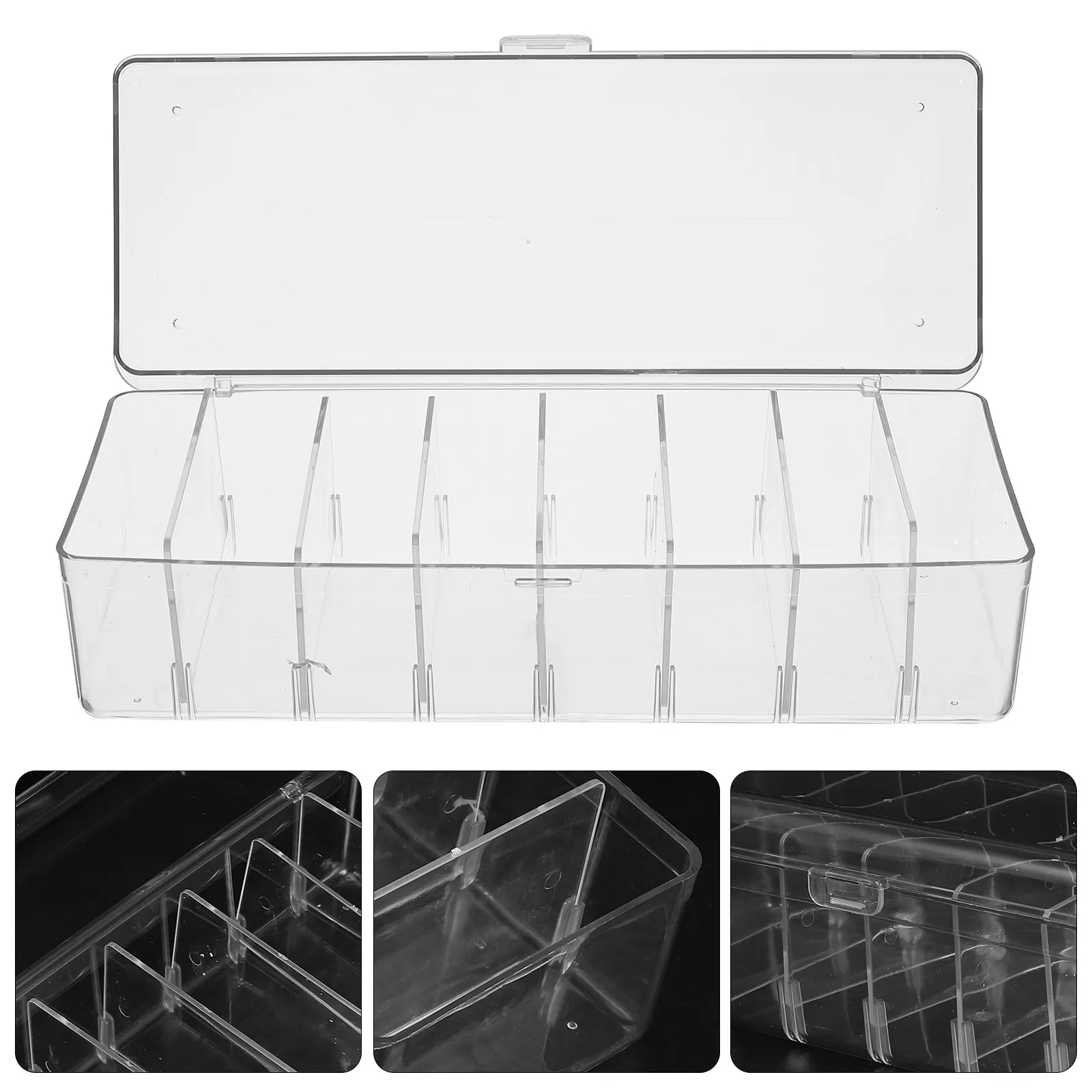 

Premium Thick Clear Plastic Desktop Organizer Box with Adjustable Dividers Cable Card Notecard Storage Container Wire Management
