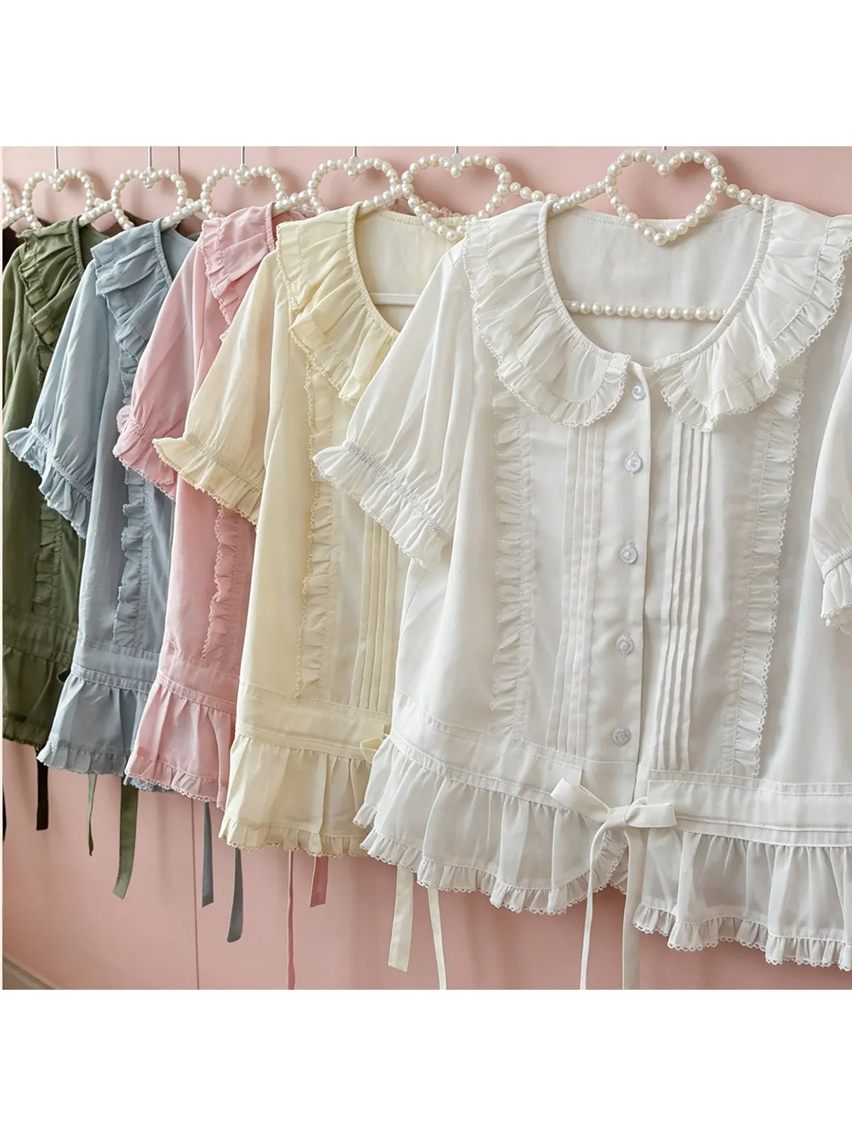NONSAR Japanese Style Soft Girl Lolita Shirt Women Summer Sweet Cute Ruffles Doll Collar Cla Short-sleeved Inner Top