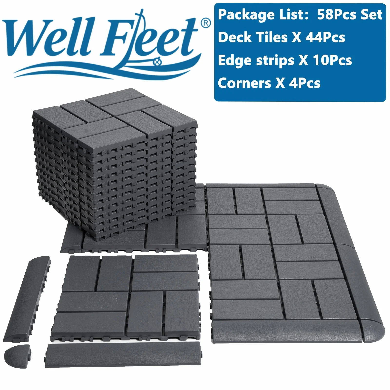 

Well Fleet 58pcs Interlocking Deck Tiles with Side Strips And R Corners, Waterproof 12" X 12" Plastic Interlocking Deck Tiles, Non-Slip Drainage Holes for Patio/Poolside/Garage/Gym, Restroom, Bathroom, Kitchen, Pool, Garage