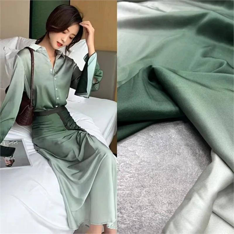 

New green gradient twill stretch silk fabric summer dress shirt set