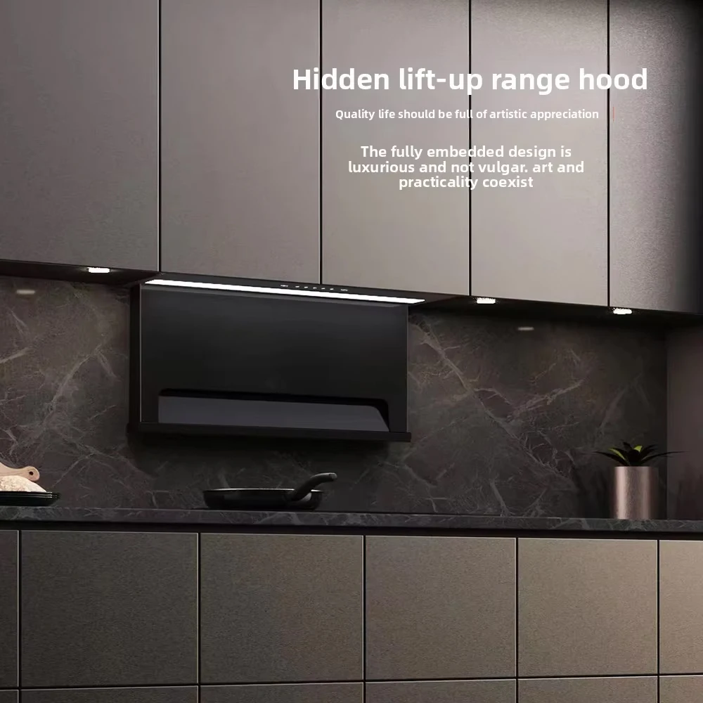 Smoke stove two-piece set hidden rock slab three-eye gas stove lifting range hood tempered glass
