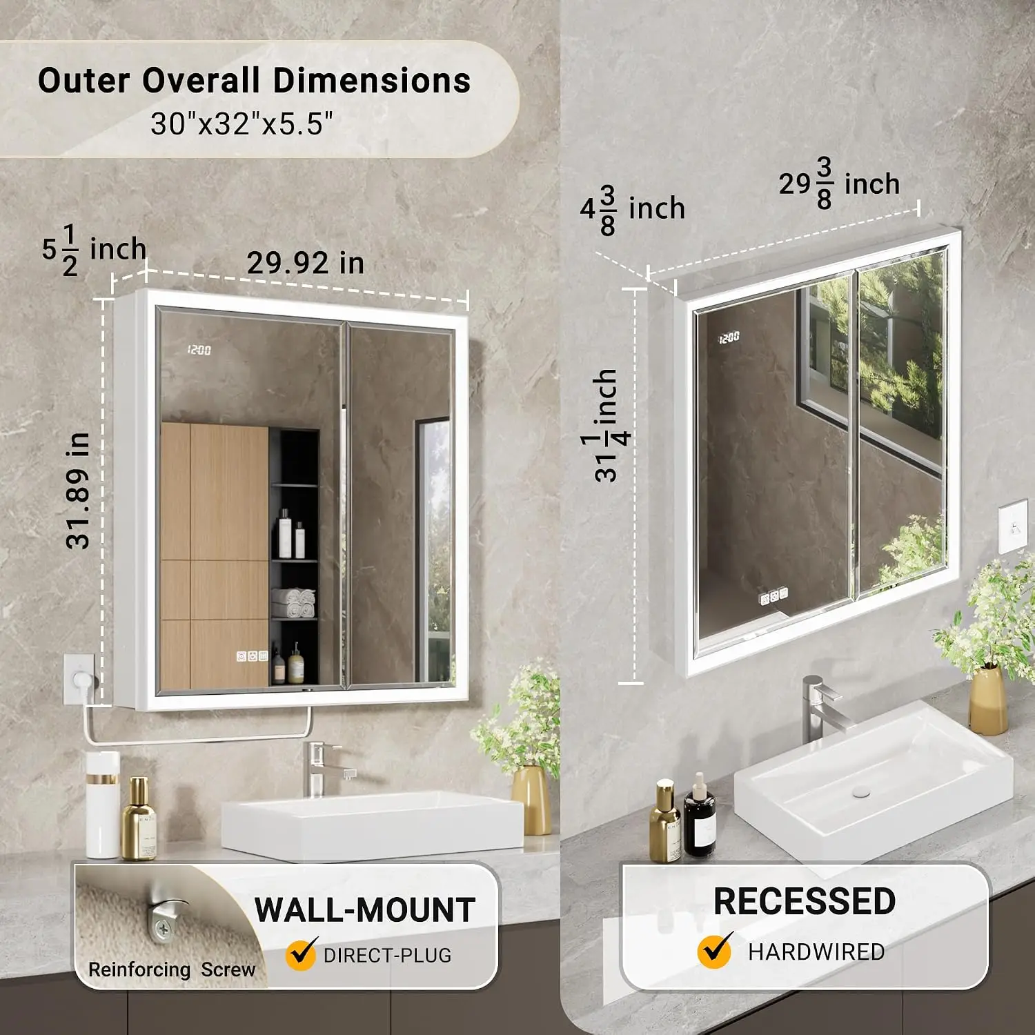 Beveled LED Medicine Cabinet with Mirror, Anti-Fog Dimmer, Surface & Recessed Mount, Outlet Clock Sensor Storage, 30x32
